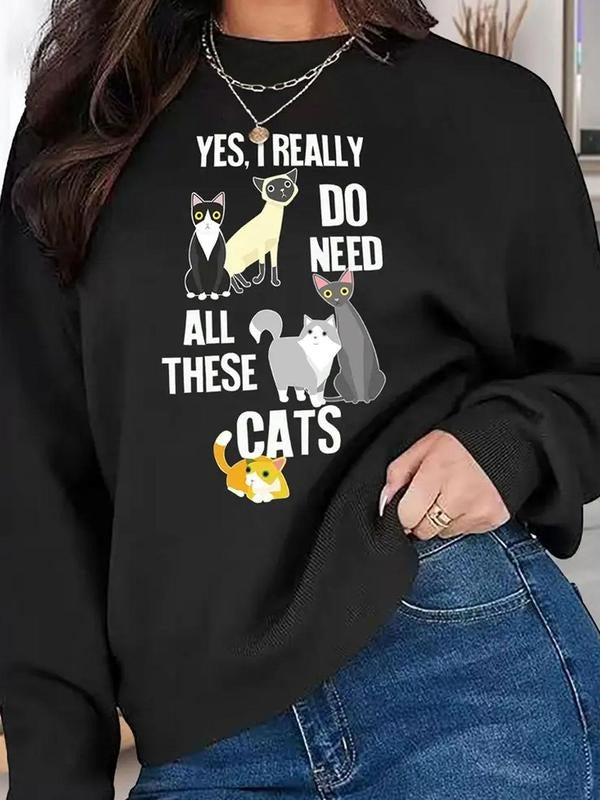 Women'WB shield Cartoon Cat & Letter Print Crew Neck Sweatshirt, Casual Drop Shoulder Long Sleeve Pullover, Women'WB...
