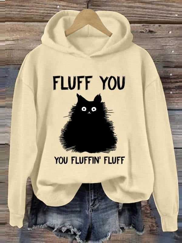 Women'WB shield Cartoon Cat & Letter Print Drop Shoulder Hoodie, Casual Long Sleeve Hooded Sweatshirt For Daily Outdoor...