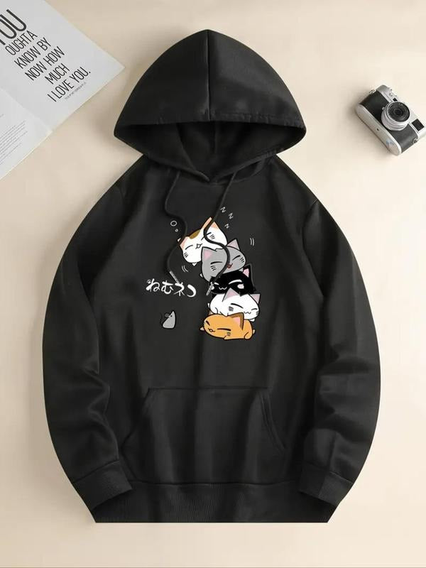 Women'WB shield Cartoon Cat & Letter Print Drop Shoulder Hoodie, Fashion Casual Drawstring Pocket Hooded Sweatshirt for Daily Holiday Outdoor Wear, Women Clothing for Fall & Winter style 03