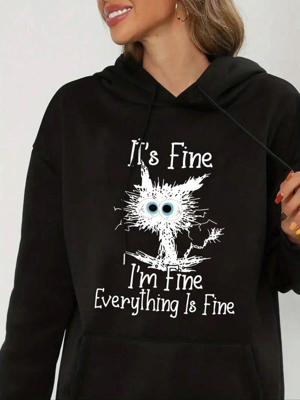 Women'WB shield Cartoon Cat & Letter Print Drop Shoulder Hoodie, Fashion Casual Drawstring Pocket Hooded Sweatshirt for...