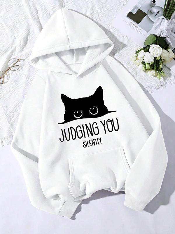 Women'WB shield Cartoon Cat & Letter Print Pocket Hoodie, Casual Cute Comfort Graphic Longsleeves Hooded Pullover...