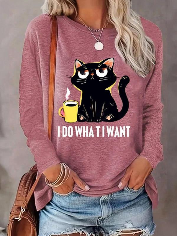 Women'WB shield Cartoon Cat & Letter Print Round Neck Tee, Fashion Casual Crew Neck Long Sleeve T-Shirt for Daily Holiday...