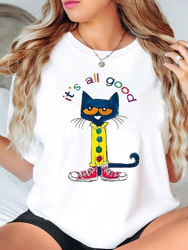 Women'WB shield Cartoon Cat & Letter Print Round Neck Tee, Fashion Casual Crew Neck T-Shirt for Daily Holiday Vacation...