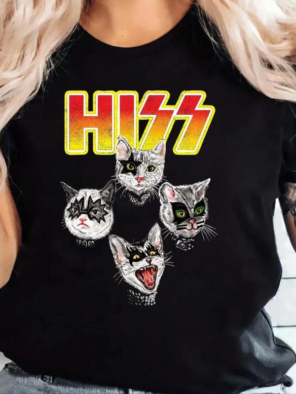 Women'WB shield Cartoon Cat & Letter Print Round Neck Tee, Fashion Casual Crew Neck T-Shirt for Daily Holiday Vacation...