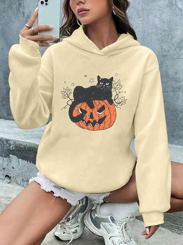 Women'WB shield Cartoon Cat & Pumpkin Print Drop Shoulder Hoodie, Fashion Casual Drawstring Hooded Sweatshirt for Daily...