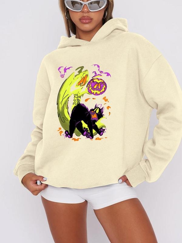 Women'WB shield Cartoon Cat & Pumpkin Print Drop Shoulder Hoodie, Fashion Casual Hooded Sweatshirt for Daily Holiday...