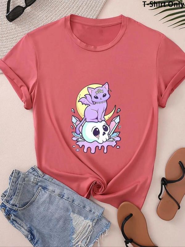 Women'WB shield Cartoon Cat & Skull Print Round Neck Tee, Casualshort Sleeve T-shirt for Daily Wear, Spiky hair fighters...