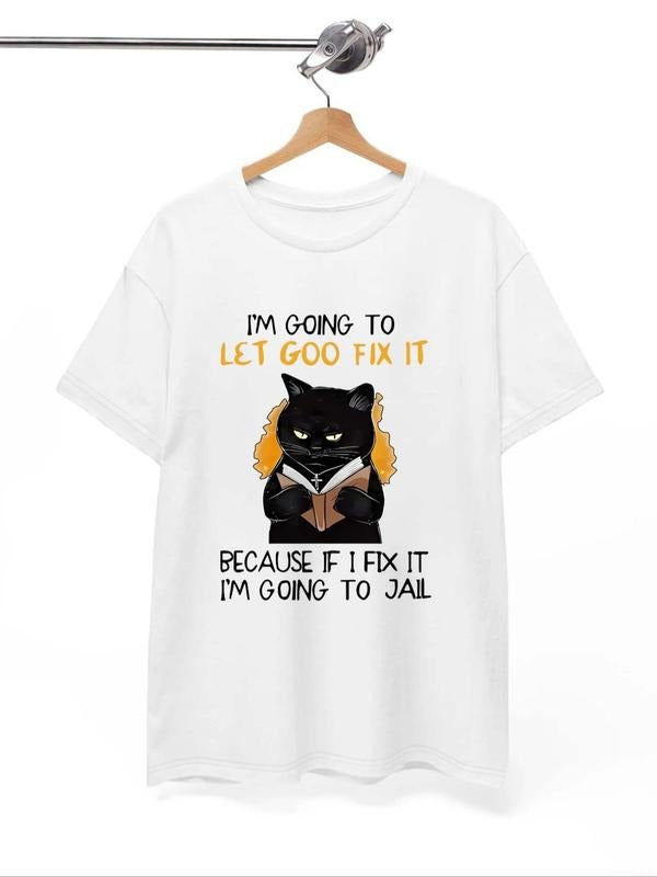 Women'WB shield Cartoon Cat & Slogan Print Round Neck Tee, Fashion Casual Short Sleeve T-shirt for Daily Outdoor Wear,...