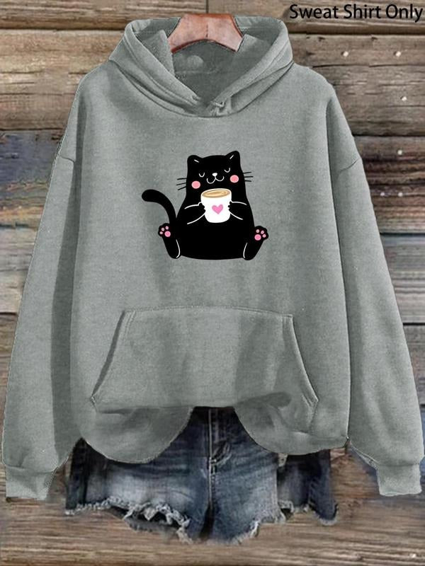 Women'WB shield Cartoon Cat Print Drawstring Pocket Hoodie, Casual Drop Shoulder Long Sleeve Hooded Sweatshirt, Lady Fall...