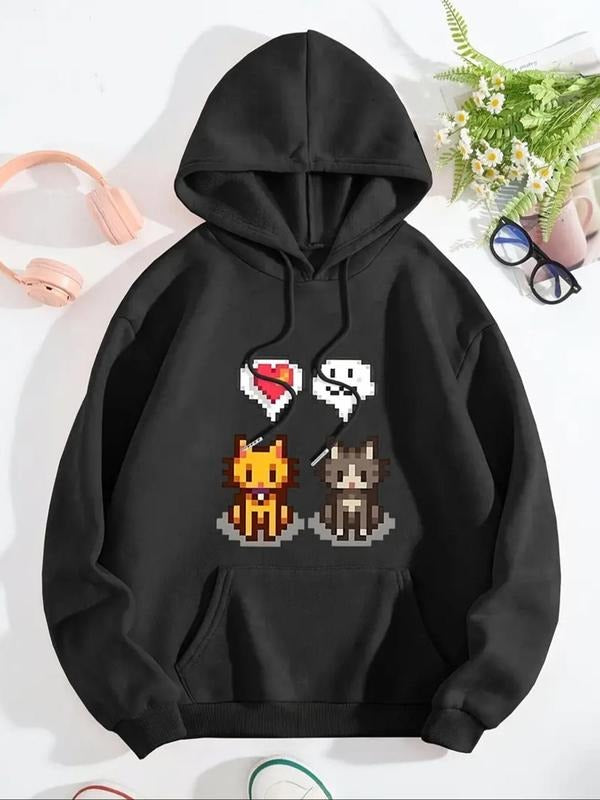 Women'WB shield Cartoon Cat Print Drawstring Pocket Hoodie, Casual Long Sleeve Hooded Sweatshirt for Fall & Winter,...