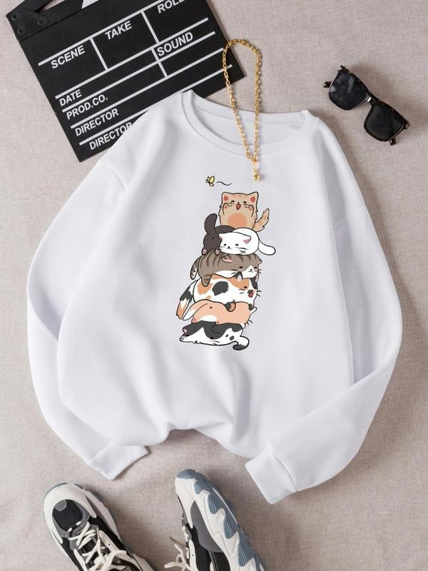 Women'WB shield Cartoon Cat Print Drop Shoulder Pullover Without Necklace, Casual Long-Sleeve Crew Neck Sweatshirt For...