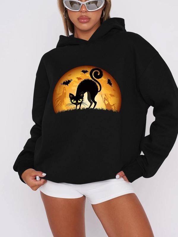 Women'WB shield Cartoon Cat Print Drop Shoulder TNF Lined Hoodie, Fashion Casual Hooded Sweatshirt for Daily Holiday...