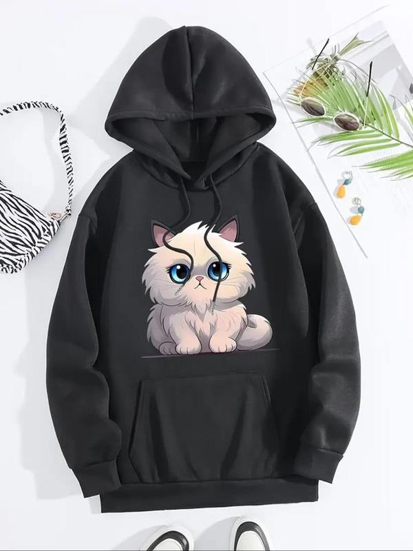 Women'WB shield Cartoon Cat Print Hoodie, Fashion Casual Drawstring Pocket Hooded Sweatshirt for Daily Wear, Women...