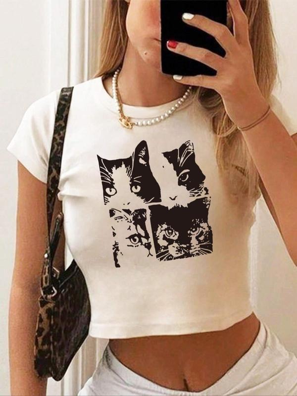 Women'WB shield Cartoon Cat Print Round Neck Crop Tee, Casual Short Sleeve Crew Neck Skinny T-Shirt for Summer, Fashion...