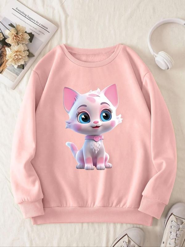 Women'WB shield Cartoon Cat Print Round Neck TNF Lined Sweatshirt, Cute Long Sleeve Crew Neck Pullover for Fall & Winter,...