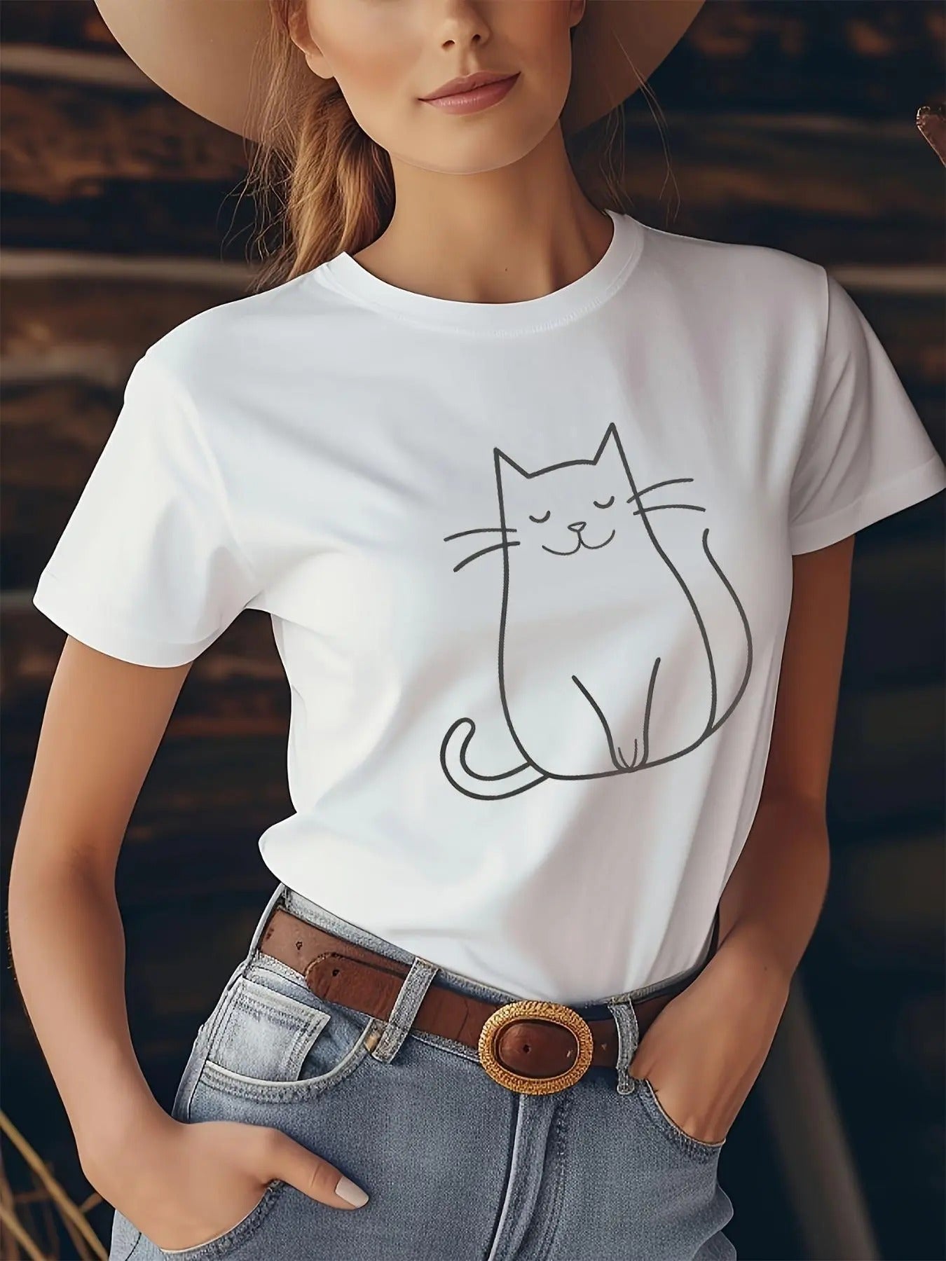 Women'WB shield Cartoon Cat Print Round Neck Tee, Casual Short Sleeve T-shirt for Daily Wear, Ladies TNF for Spiky hair...