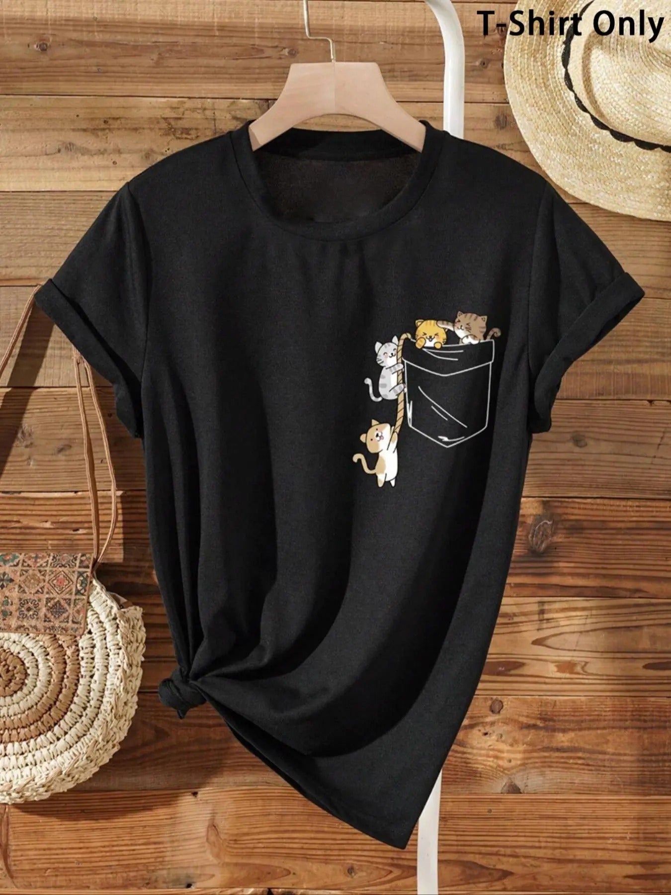 Women'WB shield Cartoon Cat Print Round Neck Tee, Casual Short Sleeve T-shirt for Summer, Fashion Women'WB shield Top for...