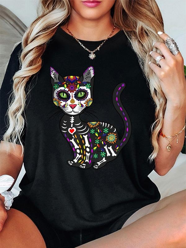 Women'WB shield Cartoon Cat Print Round Neck Tee, Fashion Casual Short Sleeve T-shirt, Ladies Summer TNF for Daily Wear...