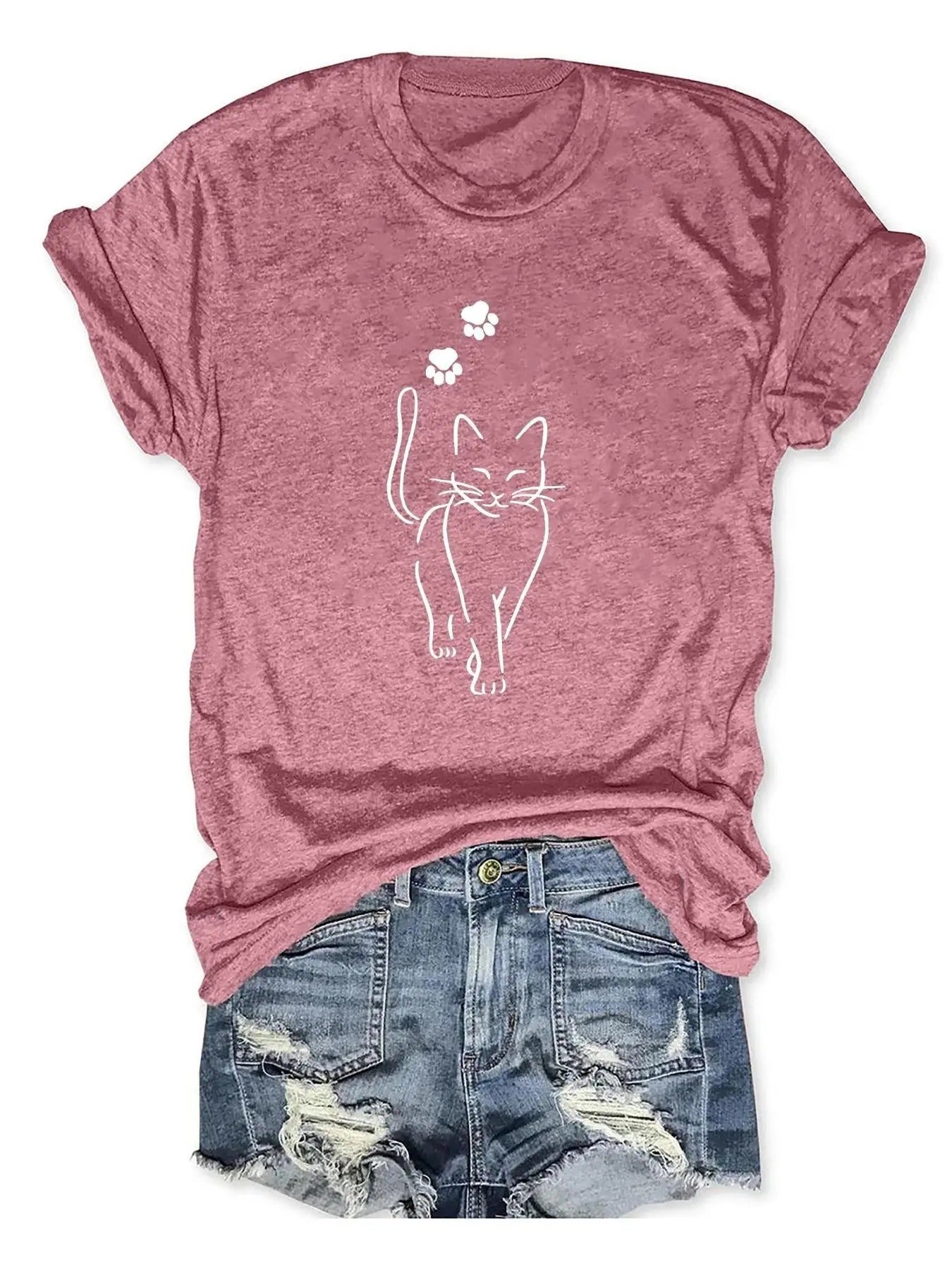 Women'WB shield Cartoon Cat Print Round Neck Tee, Fashion Casual Short Sleeve T-shirt, Ladies Summer TNF for Daily Wear...