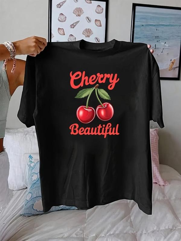 Women'WB shield Cartoon Cherry & Letter Print Round Neck Tee, Fashion Casual Crew Neck T-Shirt for Daily Holiday Vacation...