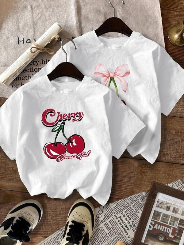 Women'WB shield Cartoon Cherry Graphic Print Round Neck Tee, Fashion Casual Drop Shoulder Short Sleeve T-shirt, Ladies...