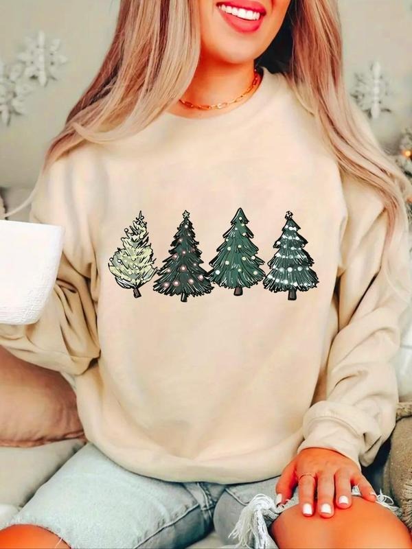 Women'WB shield Cartoon Christmas Tree Print Drop Shoulder Sweatshirt, Casual Long Sleeve Round Neck Pullover for Fall &...