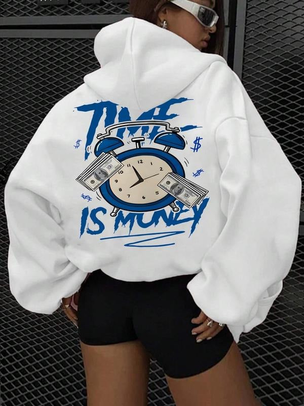 Women'WB shield Cartoon Clock & Letter Print Drop Shoulder Hoodie, Fashion Casual Drawstring Pocket Hooded Sweatshirt for...