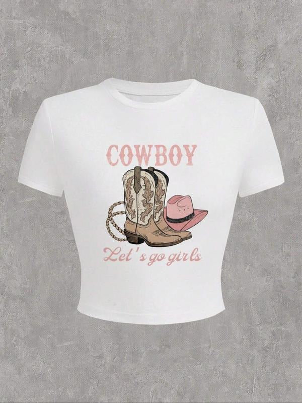 Women'WB shield Cartoon Cowboy & Letter Print Round Neck Tee, Casual Short Sleeve Crew Neck T-Shirt for Summer, Fashion...