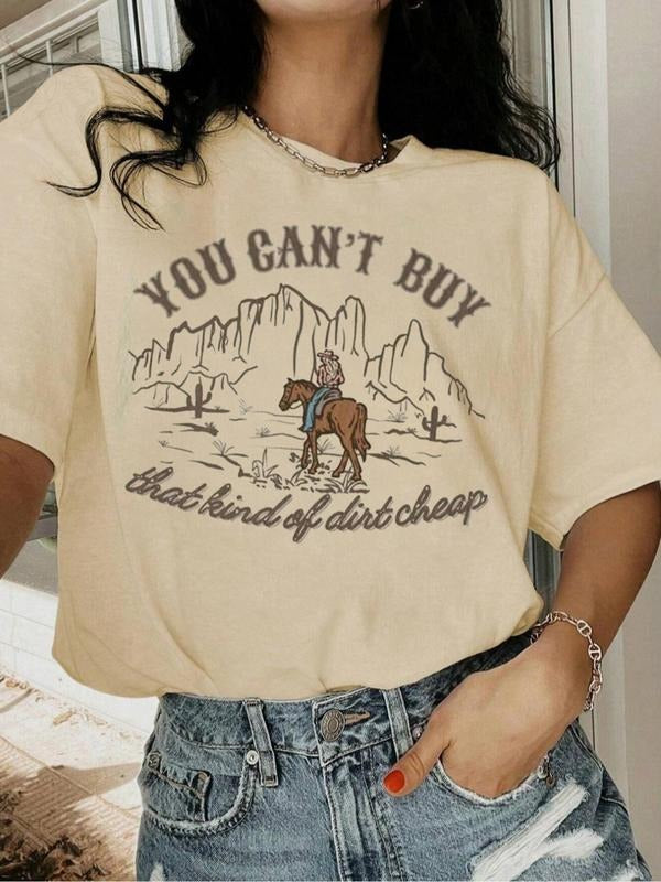 Women'WB shield Cartoon Cowboy Print Round Neck Tee, Vintage Trendy Casual Short Sleeve T-shirt for Daily Wear, Ladies Summer Outfit