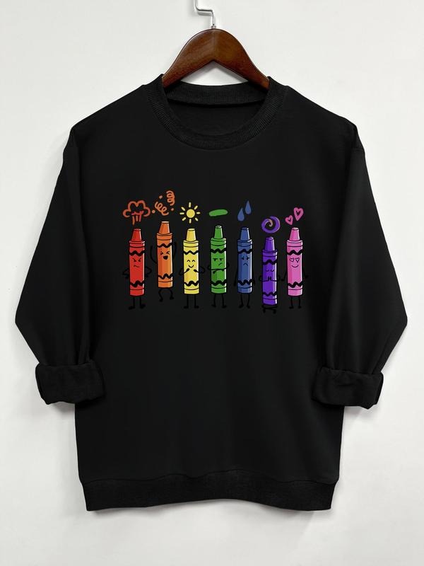 Women'WB shield Cartoon Crayon Print Round Neck Sweatshirt, Casual Long Sleeve Pullover, Women'WB shield Fall & Winter...