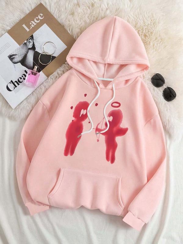 Women'WB shield Cartoon Cupid Print Drop Shoulder Hoodie, Fashion Casual Drawstring Pocket Hooded Sweatshirt for Daily...