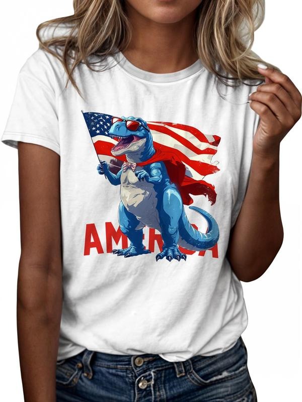 Women'WB shield Cartoon Dinosaur & Letter Print Round Neck Tee, Vintage Trendy Casual Short Sleeve T-shirt for Daily...
