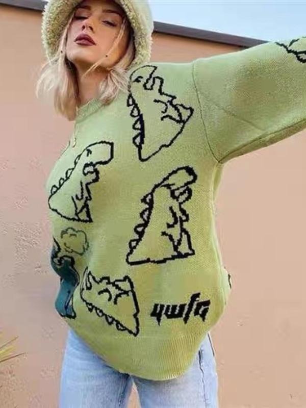 Women'WB shield Cartoon Dinosaur Pattern Drop Shoulder Sweater, Street Fashion Casual Long Sleeve Round Neck Jumper for...