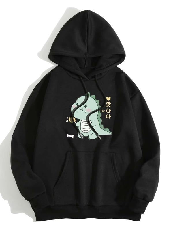Women'WB shield Cartoon Dinosaur Print Drawstring Pocket Hoodie, Casual Drop Shoulder Long Sleeve Hooded Sweatshirt,...