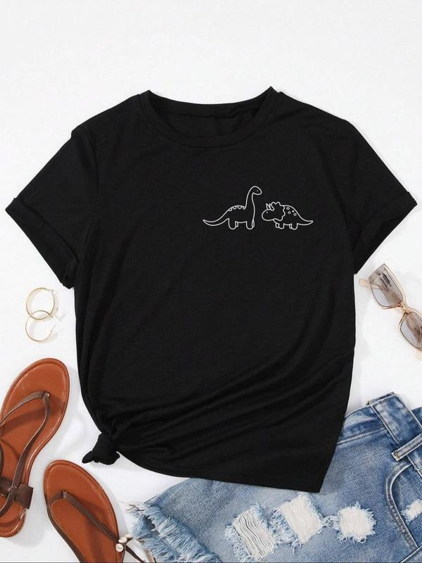 Women'WB shield Cartoon Dinosaur Print Round Neck Tee, Casual Short Sleeve Crew Neck T-Shirt for Summer, Fashion Women'WB...