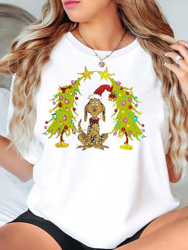 Women'WB shield Cartoon Dog & Christmas Tree Print Round Neck Tee, Casual Short Sleeve T-Shirt for Fall & Winter,...