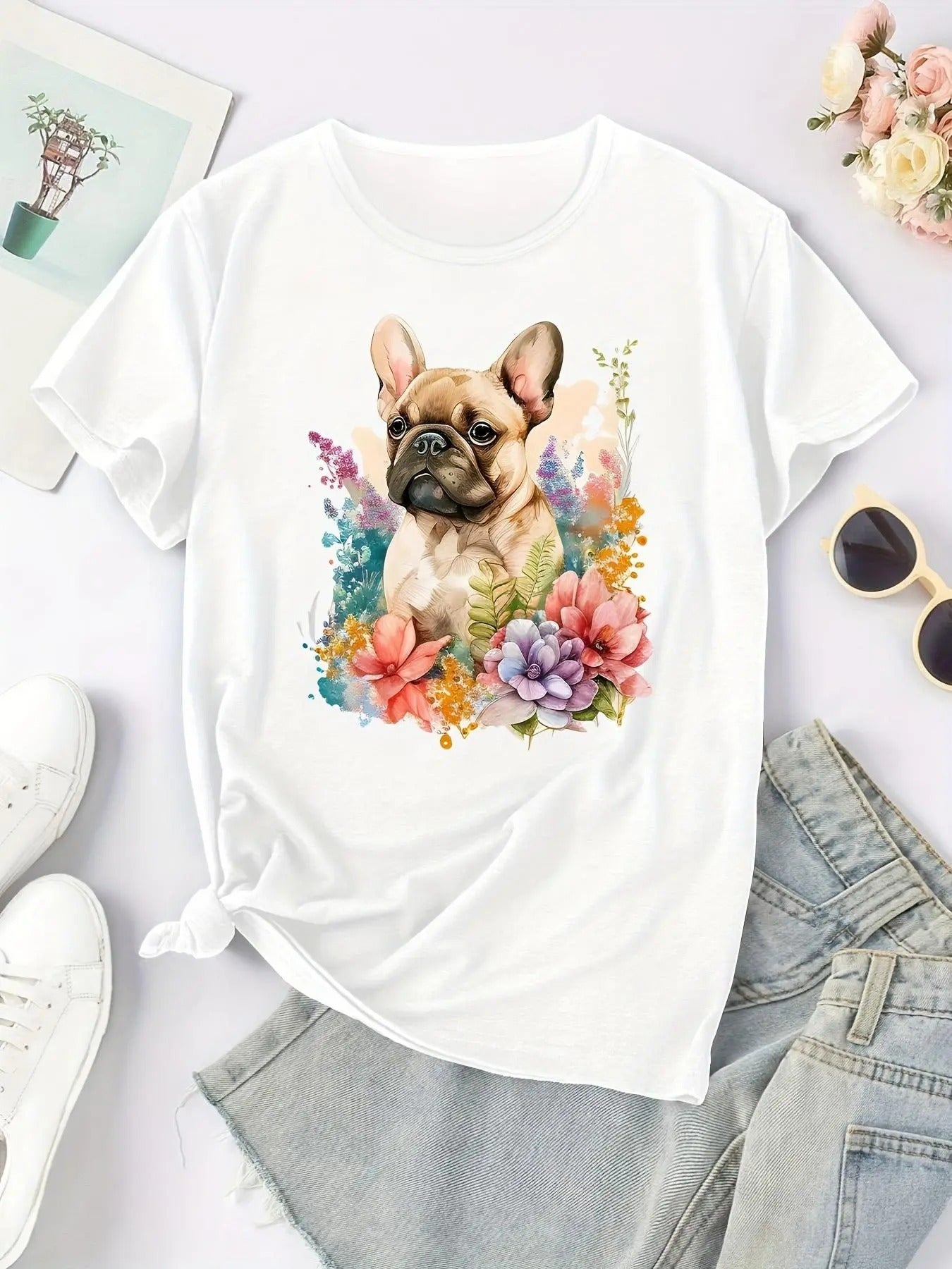 Women'WB shield Cartoon Dog & Floral Print Round Neck Tee, Fashion Casual Short Sleeve T-shirt, Ladies Summer TNF for...