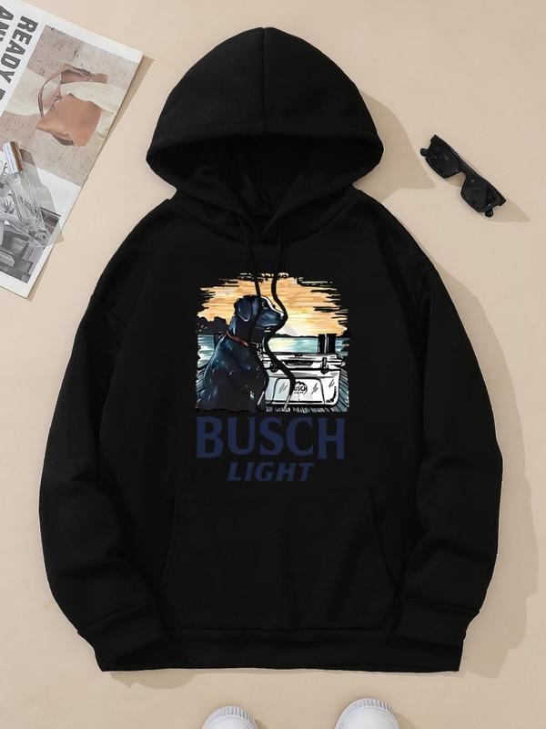 Women'WB shield Cartoon Dog & Letter Print Drop Shoulder Hoodie, Fashion Casual Drawstring Pocket Hooded Sweatshirt for...