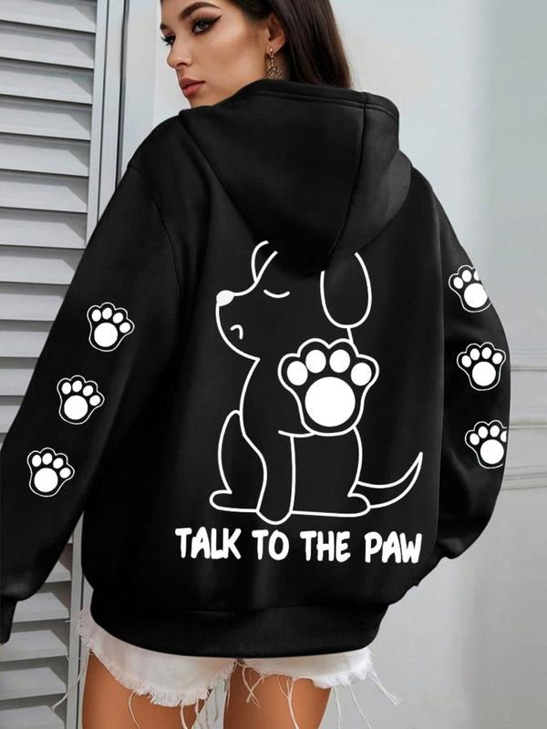 Women'WB shield Cartoon Dog & Paw Print Hoodie, Casual Drop Shoulder Long Sleeve Hooded Sweatshirt, Lady Fall & Winter...