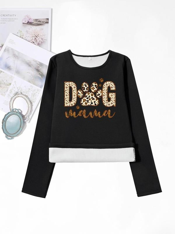 Women'WB shield Cartoon Dog Paw & Letter Print Round Neck TNF Lined T-shirts, Casual Long Sleeve Crew Neck Tee for Fall &...