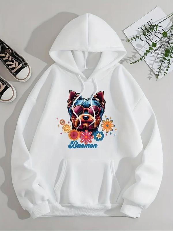 Women'WB shield Cartoon Dog Print Drop Shoulder Hoodie, Fashion Casual Drawstring Pocket Hooded Sweatshirt for Daily Holiday Outdoor Wear, Women Clothing for Fall & Winter style 02