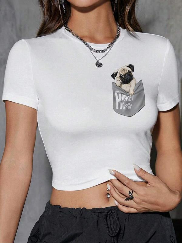 Women'WB shield Cartoon Dog Print Round Neck Crop Tee, Fashion Casual Crew Neck T-shirt for Daily Holiday Vacation...