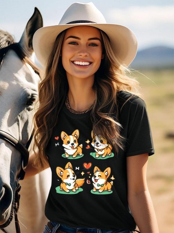 Women'WB shield Cartoon Dog Print Round Neck Tee, Cute Crew Neck Short Sleeve T-Shirt, Ladies TNF for Spiky hair fighters...