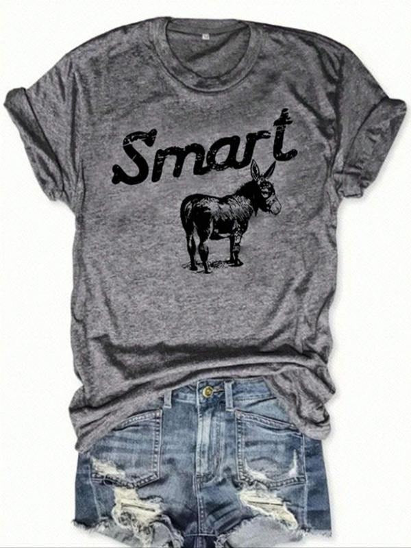 Women'WB shield Cartoon Donkey & Letter Print Short Sleeve Tee, Casual Round Neck T-Shirt for Summer, Fashion Simple...