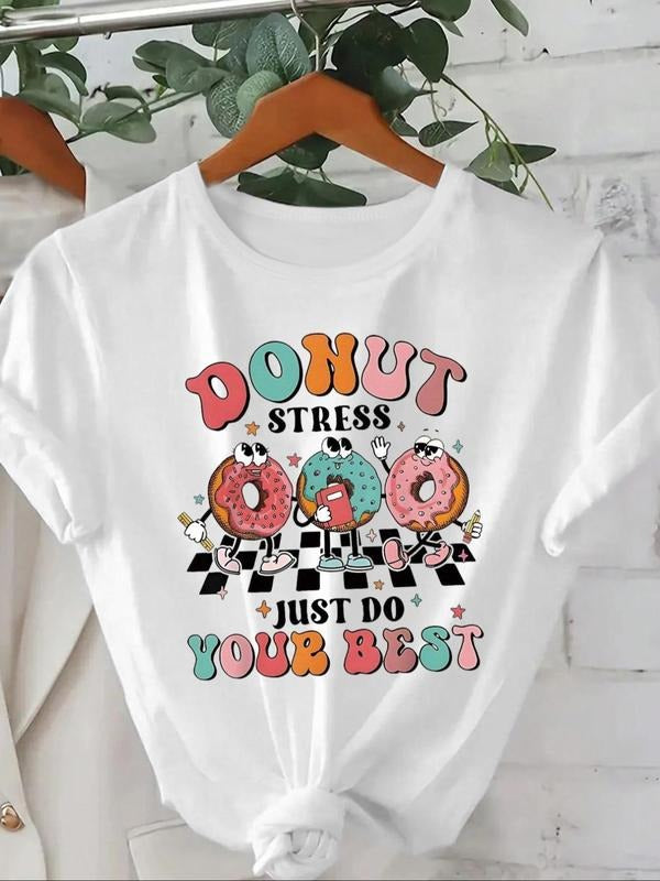 Women'WB shield Cartoon Donut & Letter Print Round Neck Graphic Tee, Vintage Trendy Casual Short Sleeve T-shirt for Daily Wear, Ladies Summer Outfit