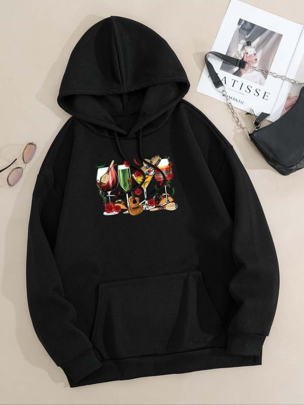 Women'WB shield Cartoon Drink Print Drop Shoulder Hoodie, Fashion Casual Drawstring Pocket Hooded Sweatshirt for Daily...