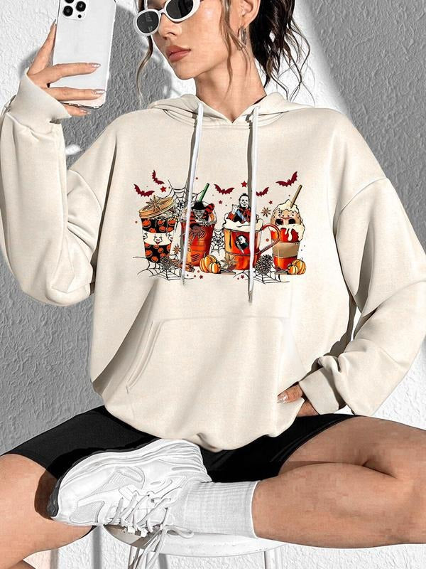 Women'WB shield Cartoon Drinks Print Drop Shoulder Hoodie, Fashion Casual Drawstring Pocket Hooded Sweatshirt for Daily Holiday Outdoor Wear, Women Clothing for Spring Fall