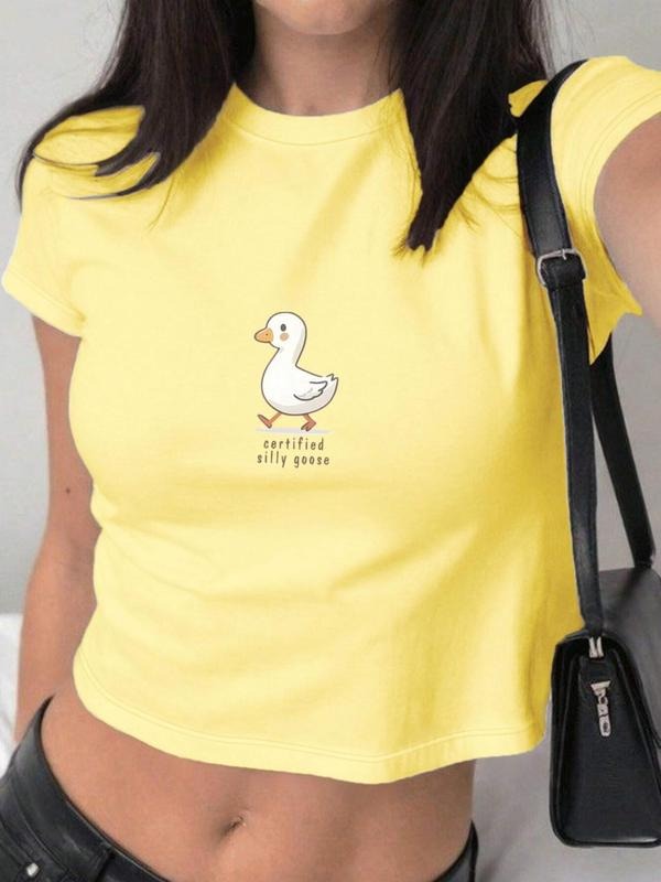 Women'WB shield Cartoon Duck Print Round Neck Crop Tee, Casual Fashion Short Sleeve T-shirt for Daily Wear, Ladies Summer...