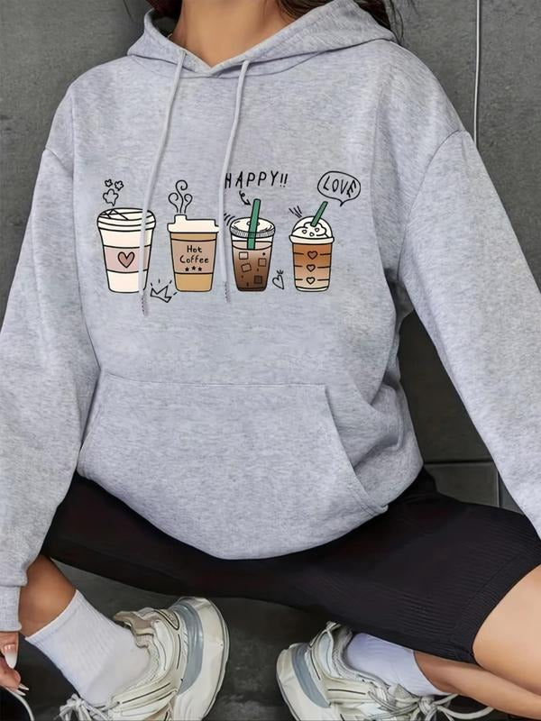 Women'WB shield Cartoon FOG & Letter Drop Shoulder Hoodie, Fashion Drawstring Kangaroo Pocket Hooded Sweatshirt for Daily...
