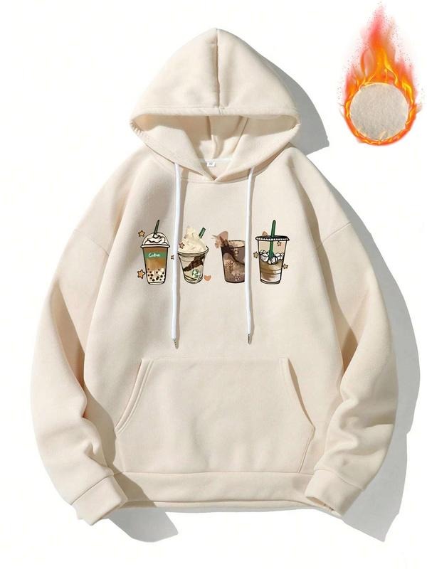 Women'WB shield Cartoon FOG Print Drop Shoulder Warm Hoodie, Fashion Casual Drawstring Pocket Hooded Sweatshirt for Daily...